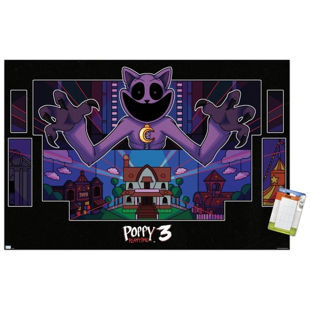 Poppy Playtime: Chapter 3 - Strings Wall Poster, 22.375" x 34" depicts a centered purple cat-like character with black eyes and mouth, reaching out with clawed hands over a colorful cartoon village with houses, trees, and a toy store, set on a dark background with red laser lines and the Poppy Playtime 3 logo, suitable as wall art or room decor.