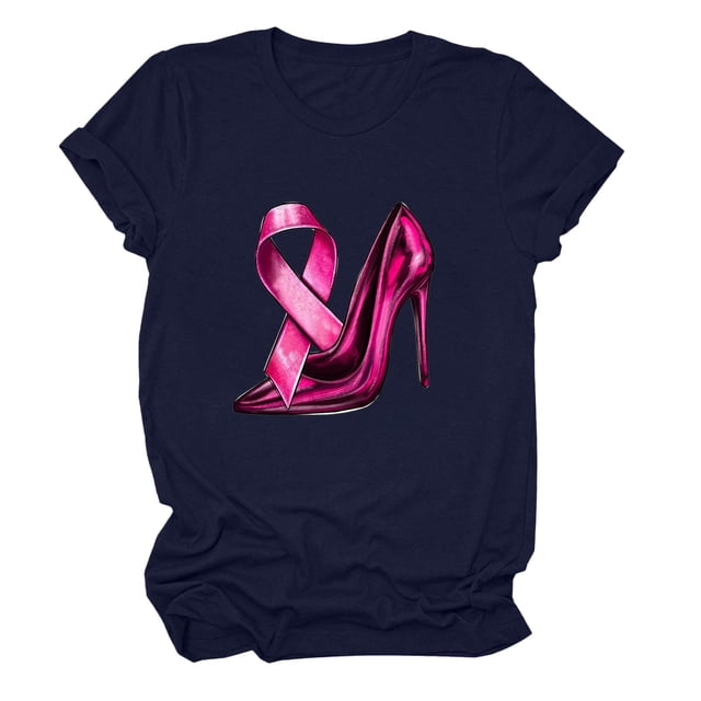 JIRNDf T-Shirt pour Femmes Hauts Mode Été Tendance Manches Courtes Col Rond Cancer du Sein Imprimé Ample Mignon Graphique T-Shirts pour Femmes Marine TG