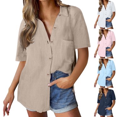 Ashirexll Chemises d'Été pour Femmes, Chemise en Lin Unie pour Femme Chemise Boutonnée Manches Courtes Ample à Col Décontractée
