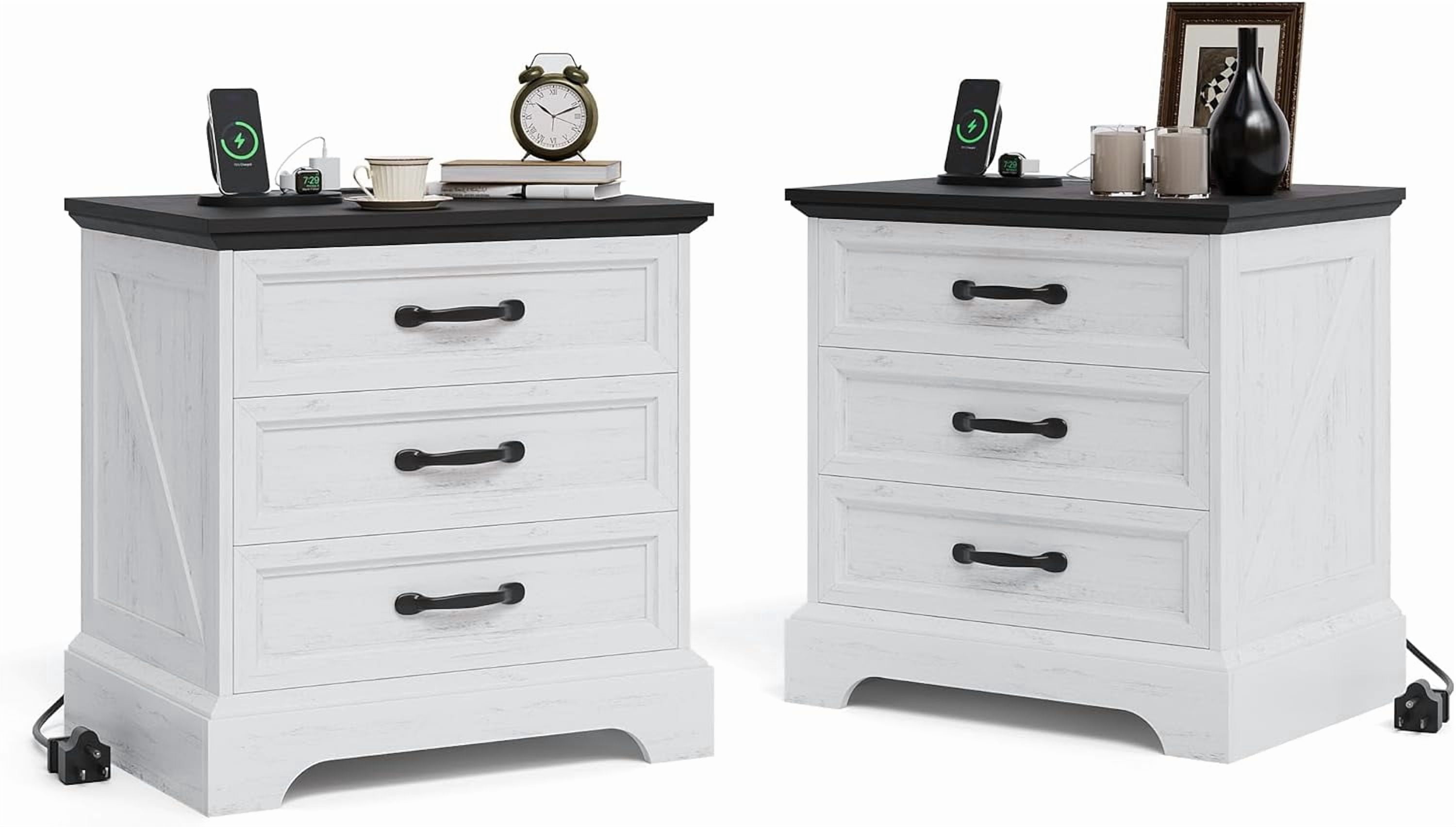 2PC Nightstand with Charging Station,3 Drawers,USB Ports & Power Outlets,Modern Bedside End Table Accent Side Table,White