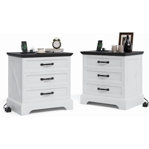 2PC Nightstand with Charging Station,3 Drawers,USB Ports & Power Outlets,Modern Bedside End Table Accent Side Table,White