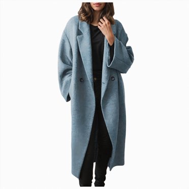 Splozh Ladies Jackets Fall Women Autumn and Winter Fashion Long Woolen Coat Loose Solid Color Lapel Button Long Coat with Pockets Blue,XL