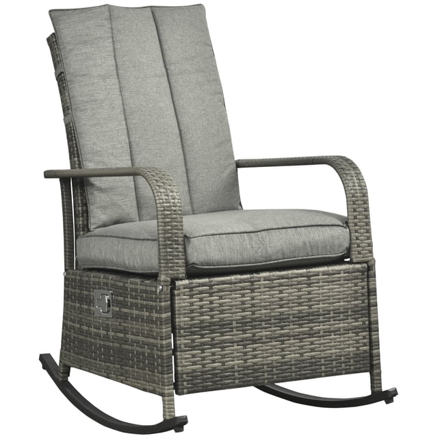 CoSoTower Outdoor Wicker Rocking Chair with Cushion, Patio PE Rattan Recliner Chair with Adjustable Footrest, Armrests, Mixed Grey