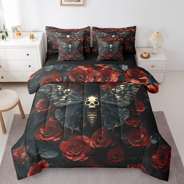 Moth Bed In A Bag Gothic Skull Floral Comforter Set,Extoic Boho Decor 7 Pieces Bedding Set Red Rose for Gilrs Women Lover Queen Sheet Set With Comforter