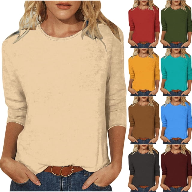 Jovati Blouse Décontractée Unie à Col Rond à Manches Trois Quarts pour Femmes, Mélange Polyester Spandex, Coupe Confortable Respirante, Tenue Quotidienne Polyvalente, Tissu Extensible Doux, Entretien Facile