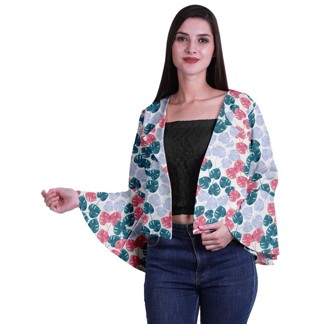Moomaya Printed Summer Clothes For Women Front Open Bell Sleeve Short Shrug Cardigan