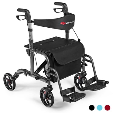 Goplus Folding Medical Rollator Walker Aluminum Transport Chair Adjustable Handle Black