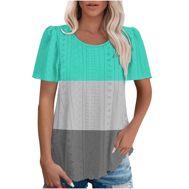 Plebaso Hauts pour Femmes Chemises à Oeillets à Blocs de Couleur Manches Courtes T-Shirts Amples Décontractés Col Rond Blouses Tendance