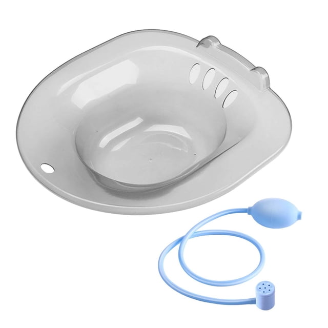 Sits Bath Sitting Bath High Temperature Resistance Universal Fit Anti Slip Bidet in grey, made of durable PP material. Features a contoured design with four overflow prevention holes, a hanging hook for storage, and a flusher attachment. Designed to fit most standard toilet seats and commode chairs, measuring approximately 15.35 x 14.17 x 4.53 inches.