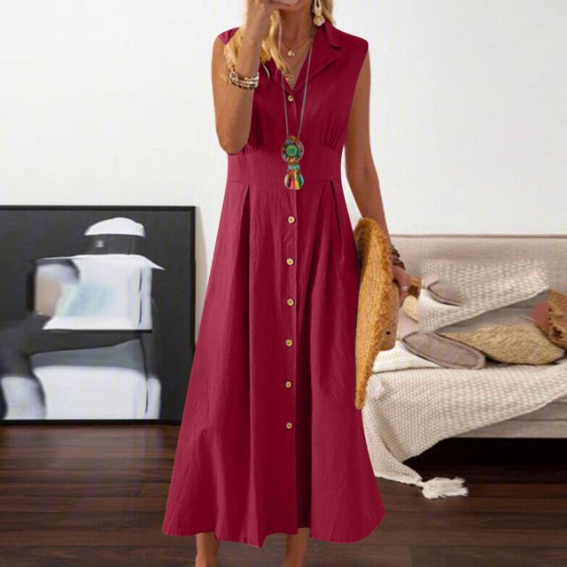Ovzne Robes pour Femmes Robe Femme Été Coton et Lin Couleur Unie Décontractée Col Rabattu Sans Manches Robe à Boutons Robe Femme Liquidation