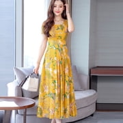 Clearance! Hontri Women Fashion Summer Mid-Calf Short Sleeve Beach Printing Dress Women's Casual Dress Yellow M