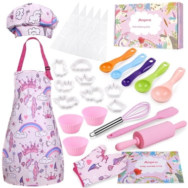 Gleamkid Complete Kids Cooking and Baking Set, 27 Pcs Aprons for Girls, Chef Hat, Mitt & Utensil to Dress up Chef Costume Career Role Play for 3-7 Years Girls, Plastic