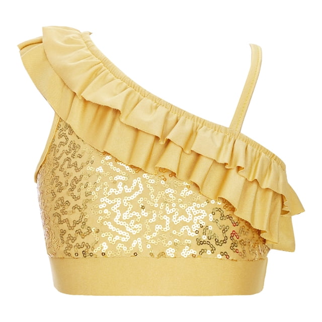 Yartina Kids Girls Asymmetrical Ruffled Sequin Performance Crop Tops Modern Jazz Hip Hop One Shoulder Dance Costume Gold 10