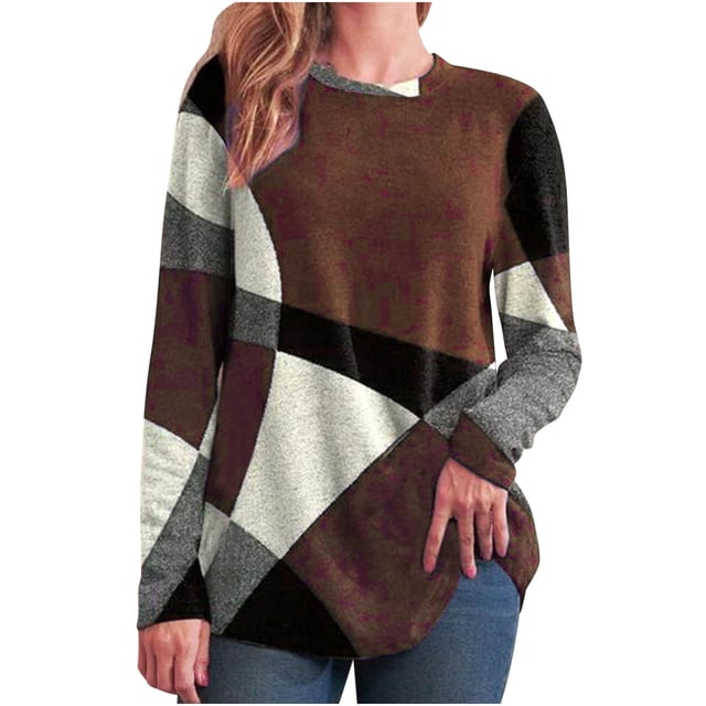 IROINID Liquidation Hauts pour Femmes Grande Taille Détente Col Rond Manches Longues Chemise Ample Imprimée Blouse Hauts, Café