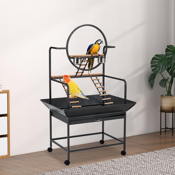 Support de Jeu pour Perroquet de 67 Pieds' avec Perchoirs et Échelles – Aire de Jeux pour Animaux avec Plateau Amovible et Roues, Usage Intérieur/extérieur, Fini Martelé Noir