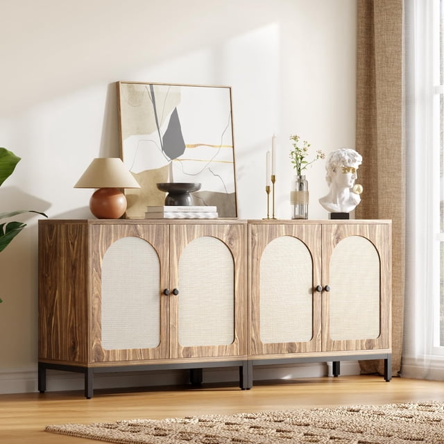 GloryStar Buffet Cabinet with Storage, Rattan Storage Cabinet with Doors, Adjustable Shelf for Living Room, Hallway, Walnut