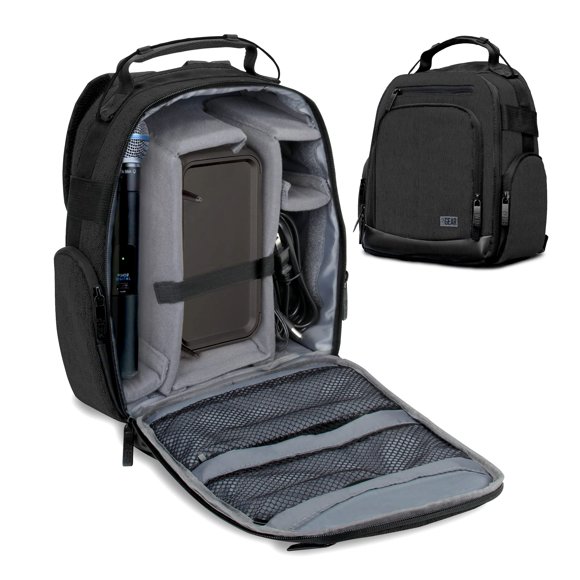 USA Gear Audio Equipment Backpack - Wireless Mic Case Compatible with Shure Sennheiser Audio-Technica Rode VideoMic & more - Wireless Microphone Bag Backpack for Recording Microphones (Black)