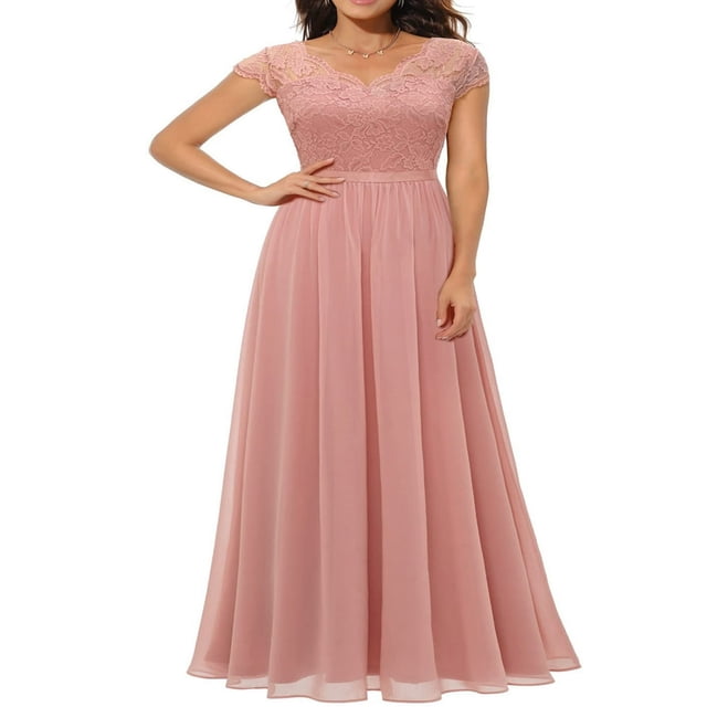 Robe Maxi de Bal pour Femmes en Dentelle Patchwork Dos Nu à Col en V Élégante Robe de Soirée Cocktail