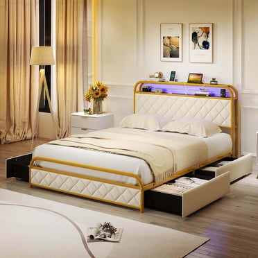 Costway Full Size Bed Frame with LED Lights & Charging Station Storage Headboard & Drawers Golden