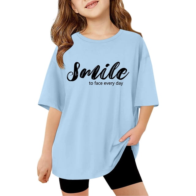 XASZHN Enfants Filles Lettres Imprimées T-Shirts à Manches Courtes Enfants Hauts Surdimensionnés Décontractés Col Rond T-Shirts Basiques Chemises Habillées Filles Bleu Clair 7-8 Ans