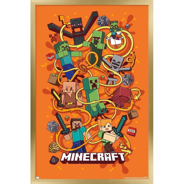 Minecraft - Funtage Wall Poster, 22.375" x 34", glossy wall art with an orange background featuring Minecraft characters Steve and Alex holding diamond swords, Creepers, Skeleton, Pig, Ghast, and Enderman, connected by swirling yellow arrows and pixelated blocks, suitable for bedroom or office décor.