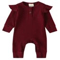 thumbnail image 1 of Infant Kids Baby Girl Boy Solid Color Long Ruffle Sleeve O-Neck Ribbed Jumpsuit Navy Blue 9-12 Months, 1 of 9