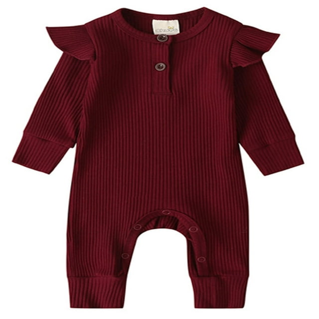 Infant Kids Baby Girl Boy Solid Color Long Ruffle Sleeve O-Neck Ribbed Jumpsuit Navy Blue 9-12 Months