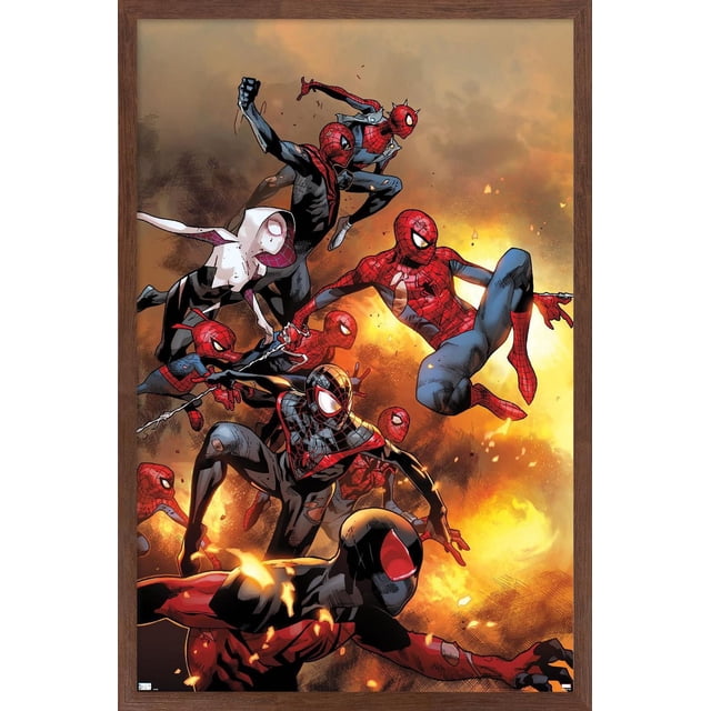 Marvel Comics - Spider-Verse - The Amazing Spider-Man #13 Affiche Murale, 22,375 Pouces x 34 Pouces Encadrée Présentant Plusieurs Personnages Spider-Man dans des poses d'Action Dynamiques sur un Fond orange et Jaune Ardent, Encadrée en Bois Brun Moyen. art Mural Adapté à la Déco Maison et aux collections d'Affiches.