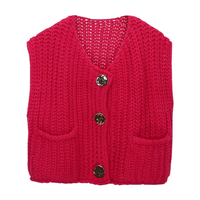 Women's Sleeveless Knit Cardigan Vest Solid Color Pocket Button Front Short Spring Summer Outerwear Coat