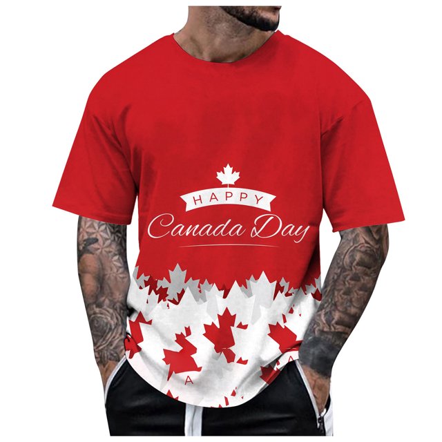 LUOGENLI T-shirts pour Homme pour Hommes Été Canada Fête de l'Indépendance Fête Nationale pour Imprimé Drapeau Rétro Col Rond Manches Courtes Hauts Tee T-shirts Hommes Grande Taille et Grande Stature la Saint-Patrick Rouge TG