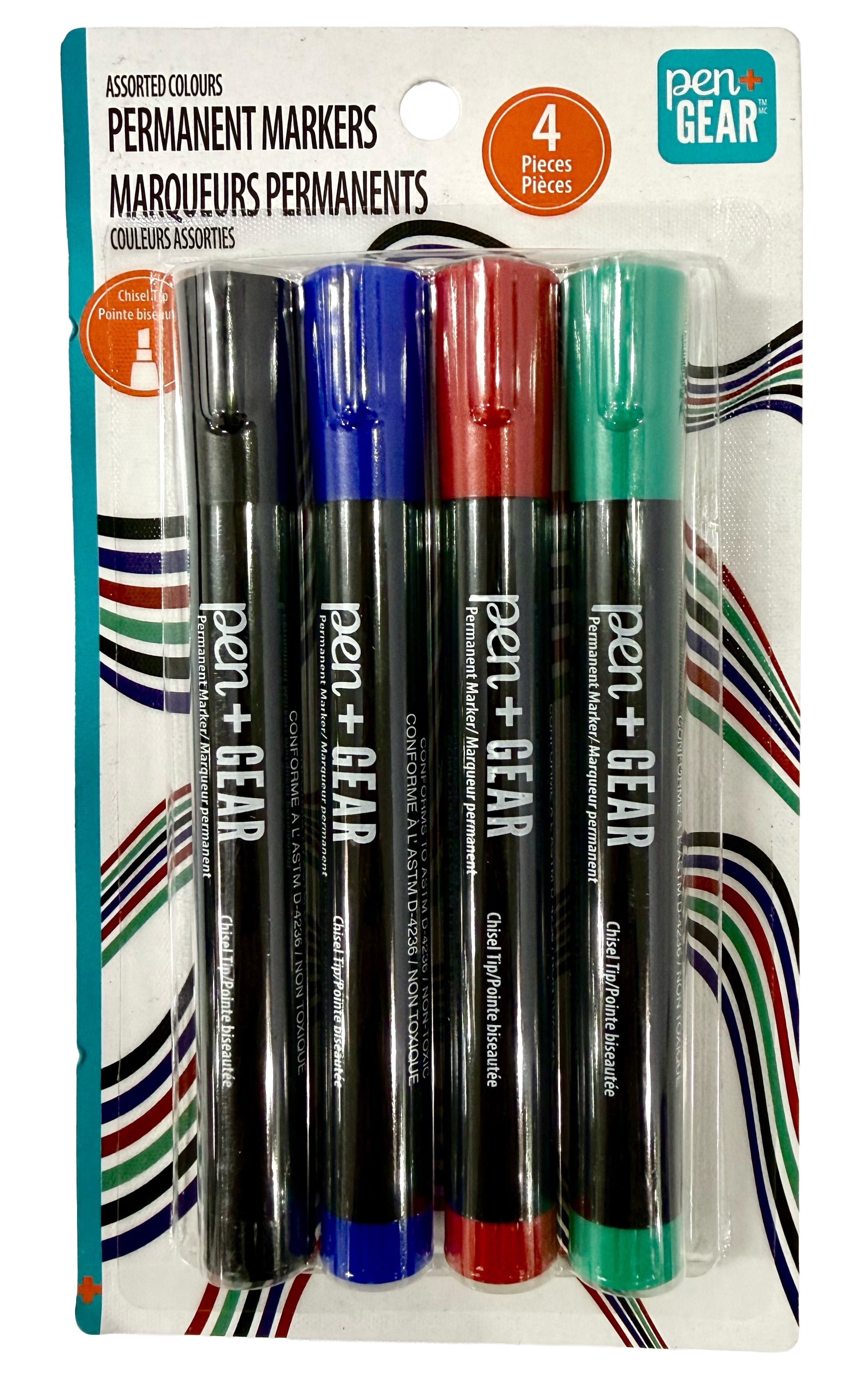 Pen+Gear 4 Count Permanent Marker Assorted, Chisel Tip, Assorted Colors, Non-Toxic, Conforms to ASTM D4236
