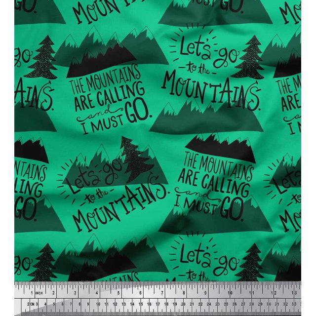 Soimoi Green Cotton Voile Fabric Mountains & Text Print Sewing Fabric Yard 56 Inch Wide
