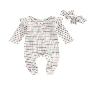Baby Girls Romper Suit  Long Sleeve Zipper Ruffle Patchwork Casual Party Street Spring Romper+Headband