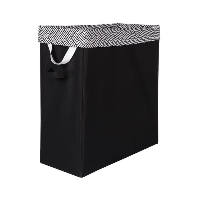 neatfreak! Slim Laundry Hamper in black polyester with a slim rectangular shape, featuring a black and white patterned rim, reinforced fabric handles, and a mesh liner with EVERFRESH probiotic technology for natural odor control, designed to fit small kids' rooms or closets.