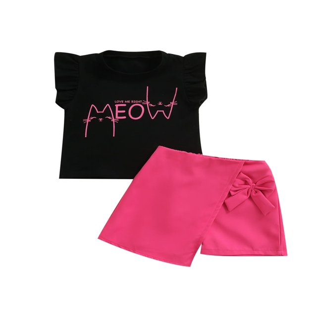 Kid Girl Short Skirts Outfits Fly Sleeve Cartoon Letter Printed Crew Neck Tops + Solid Color Bow-Knot Decor Skirts Set