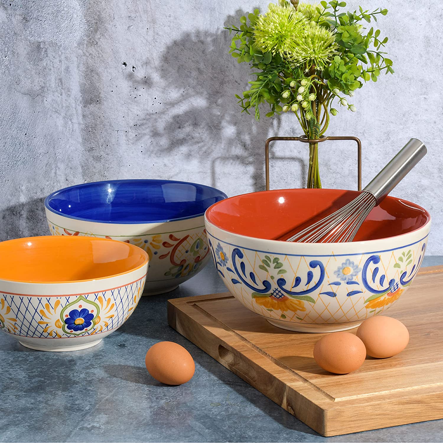 Laurie Gates Tierra 3 Piece Stoneware Hand Painted Nesting Bowl Set - 3 Assorted Designs