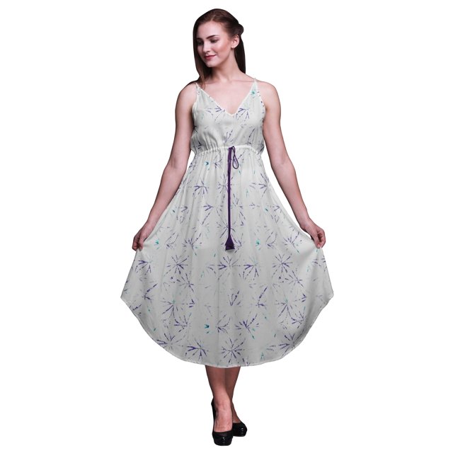Bimba Robe Midi à Cordon pour Femmes, Teinture sur Nœuds Imprimée, Bretelles Spaghetti, Tenue de Plage - XX-Grand