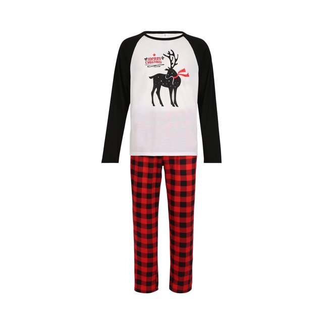 FOCUSNORM Christmas Reindeer Raglan Tops and Plaid Trousers Parent-child Pajamas