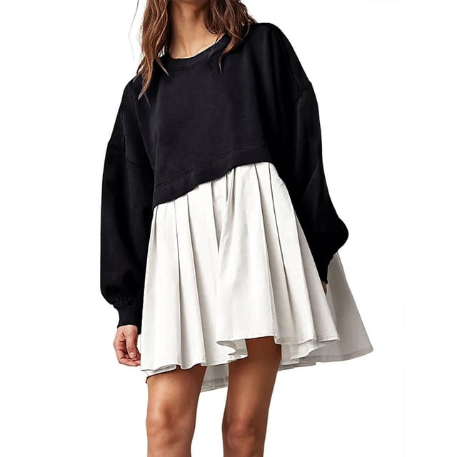 Womens Oversized Sweatshirt Dress Long Flowy Patchwork Pullover Tops Cute Drop Shoulder Sweatshirts Fall Long Sleeve Mini Dress Teen Girls Crewneck Solid Tunic Pleated Loose Clothing Beig