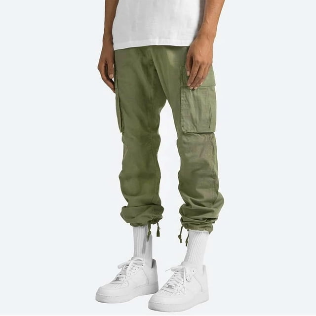CHOK Men Flap Pocket Drawstring Elastic Waist Cargo Pants Straight-Fit Casual Pants Solid Trousers Relaxed Plus Size Long Pant