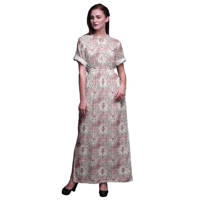 Bimba Rayon European Ash Seeds Leaves Ladies Long Gown Boho Beach Cocktail Party Maxi SlitDress-Medium