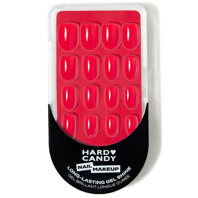 Hard Candy Faux Ongles à Presser en Rouge Vif avec Brillance gel Brillante, Présentés sur un Plateau en Plastique Transparent avec un Emballage Noir Présentant la Marque et le Nom du Produit, Offrant une solution de Manucure Durable et Facile à Appliquer.