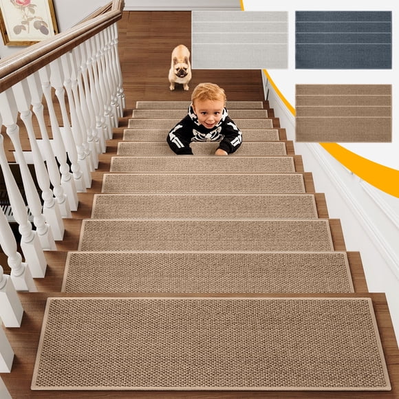 CQCYD Non Slip Stair Treads, 8x30 Inch Flax Stair Mats 4 Pack, Self Adhesive Rubber Backing Indoor Washable Rugs for Wooden Steps, Pet andKidsFriendly Floor Protectors
