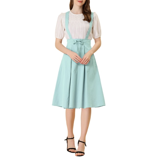 Unique Bargains Jupe Midi Plissée à Bretelles Rétro à Taille Élastique pour Femme, Vert Pâle, TG