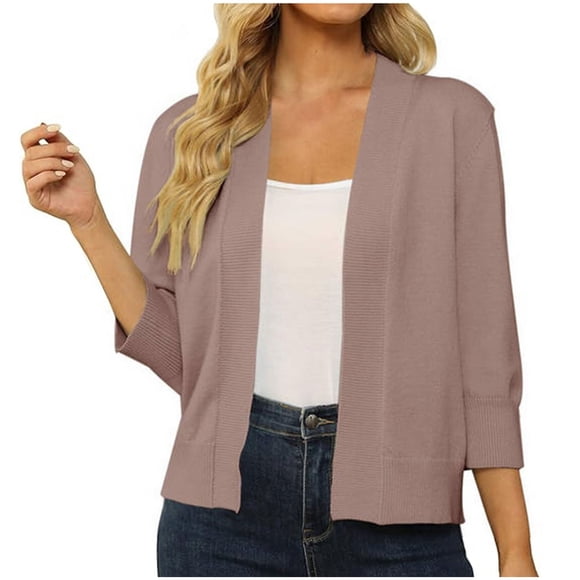 Xdegoge Womens 3/4 Sleeve Cropped Cardigan Sweater Casual Lightweight Open Front Cardigan Fashion Short Shrugs Cardigans Lightweight Sweaters Plus Size Clothes Gray M