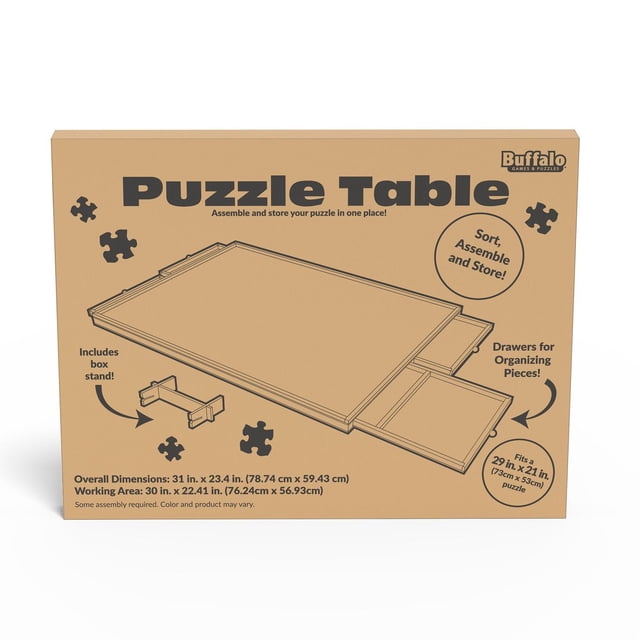 Buffalo Games - Puzzle Table for 1000 Piece Jigsaw Puzzle packaging showing a schematic of a wooden puzzle table with two drawers for organizing pieces and a box stand, overall dimensions 31 by 23.4 inches, working area 30 by 22.41 inches, fits puzzles up to 29 by 21 inches.