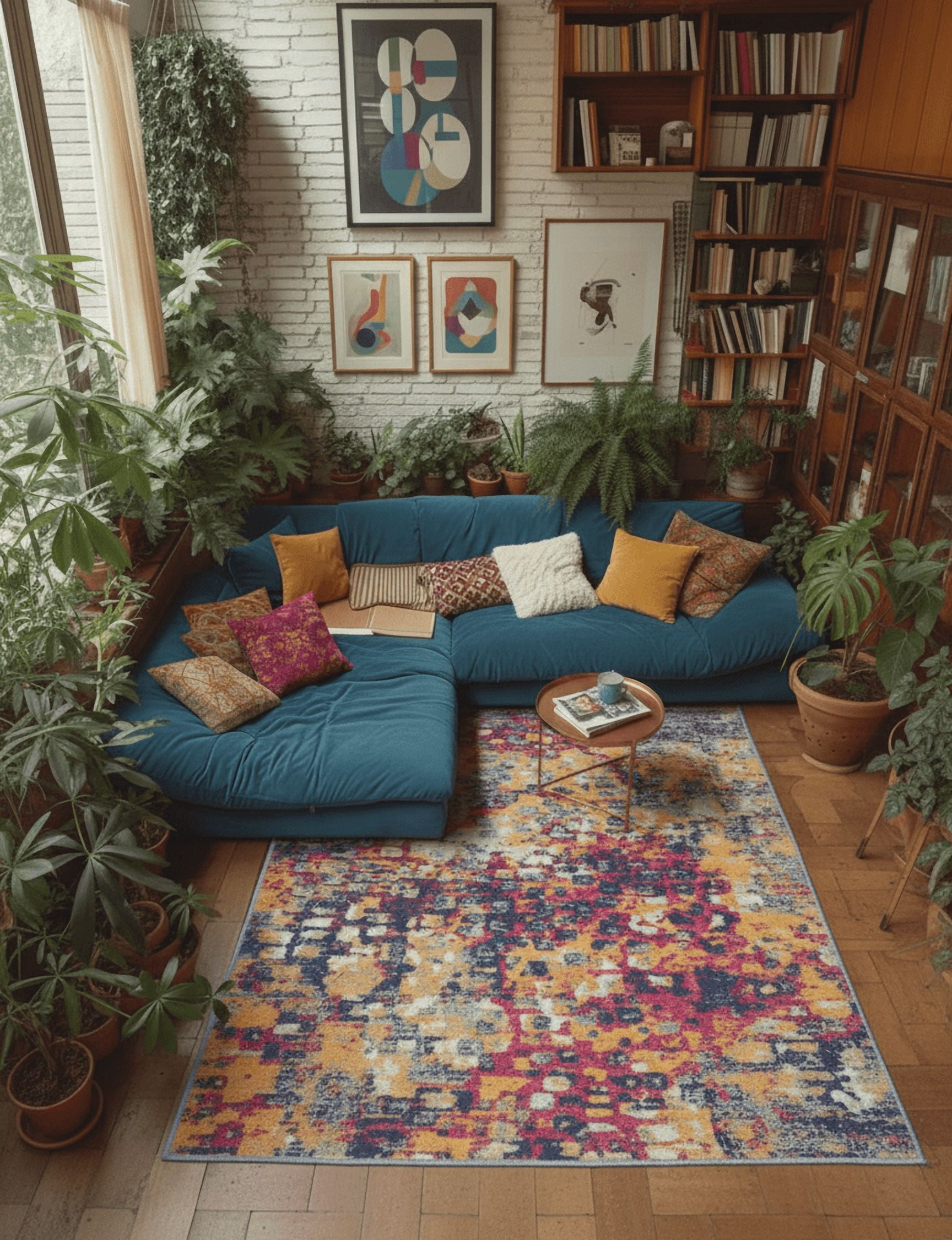 Rug Branch Ziya 5' x 8' (5'3 x 7'7) Yellow/Blue Abstract Distressed Indoor Area Rug, Contemporary, Medium Pile, Stain-Resistant Carpet