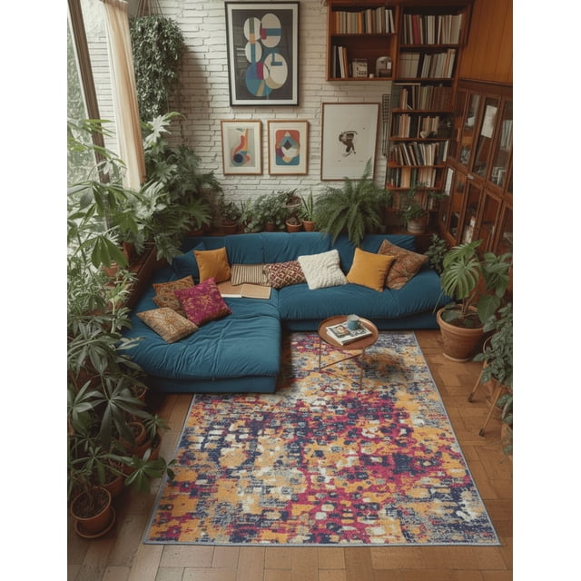 Rug Branch Ziya 9' x 12' (9'2" x 12'5") Yellow/Blue Abstract Distressed Indoor Area Rug, Contemporary, Medium Pile, Stain-Resistant Carpet - Living Room, Bedroom, Dining Room, and Kitchen