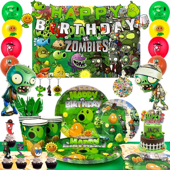 Fournitures de Fête Plants vs Zombies, Ensemble de 169 Pcs Plants vs Play Game Zombies Party Kit - Plantes vs Zombies Ballons Bannière Toile de Fond Autocollants Assiettes Gobelets Serviettes etc Décorations Plants vs Zombies Fournitures
