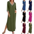 thumbnail image 1 of Gspmoly Robes pour Femmes Grande Taille, Robes pour Femmes Manches 3/4 Col en V Ample Fluide Fendue Longue Robe Maxi avec Poches Robes Formelles pour Femmes Offres, 1 of 9